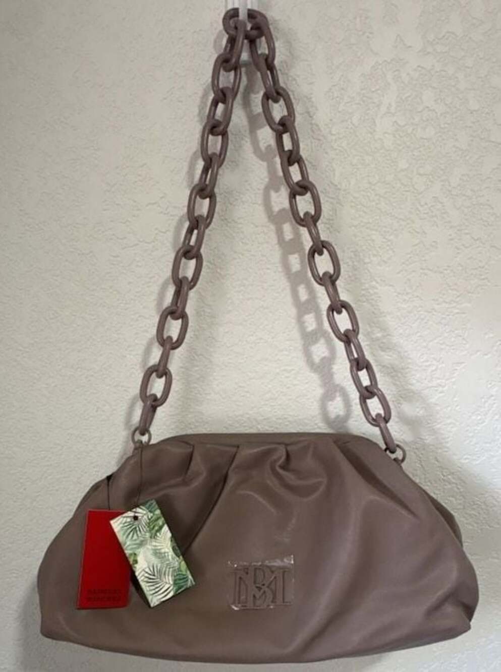 Badgley Mischka Taupe Vegan Leather Ruched Frame Clutch with Chunky Chain Strap